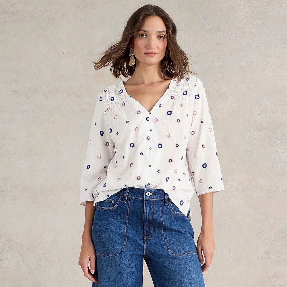White Stuff Rae Embroidered Textured Boho Organic Cotton Blouse Top Size 12‎
